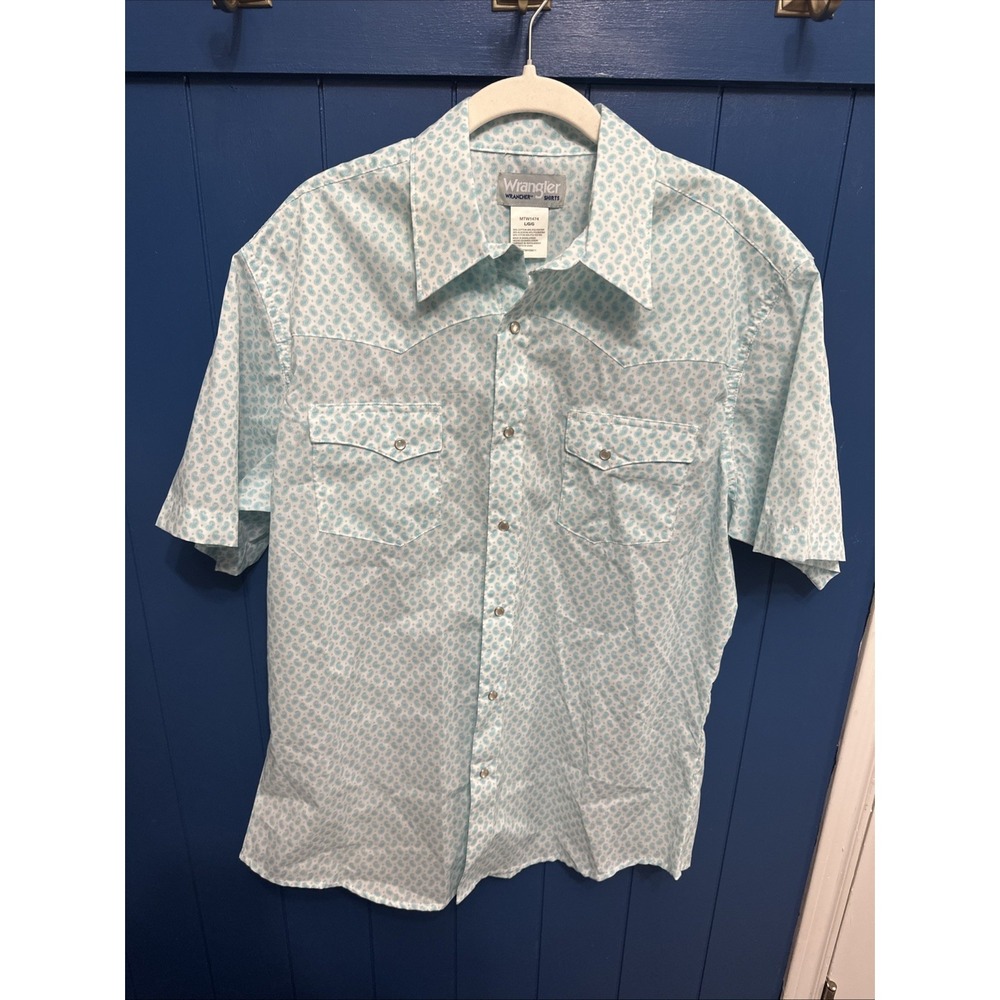 Wrangler Large Blue Paysley  Western Shirt‎ Short Sleeve Pearl Snap Button Down